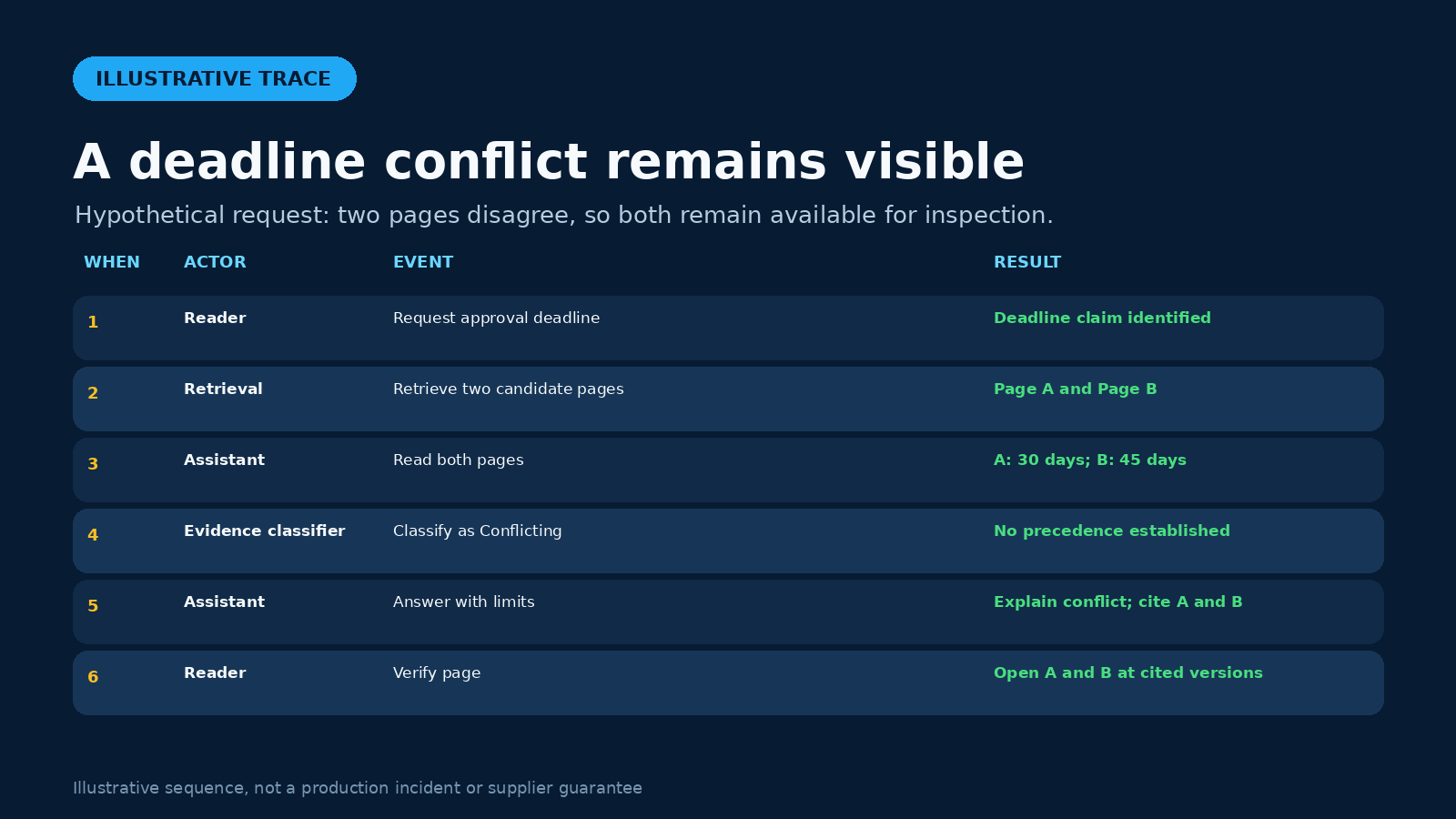 Six-step hypothetical deadline request: Request, Retrieve, Read, Classify as Conflicting, Answer with limits and Verify page